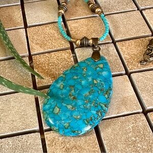 NEW HANDMADE - Turquoise and Brass Teardrop Necklace